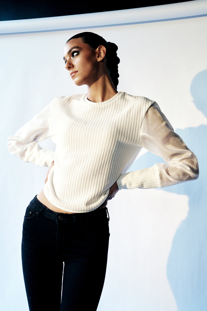 White top with organza see through sleeves