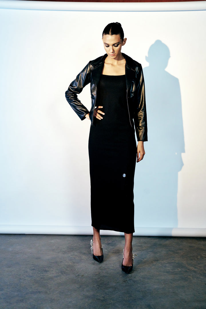 Black cut, side slit buttoned dress