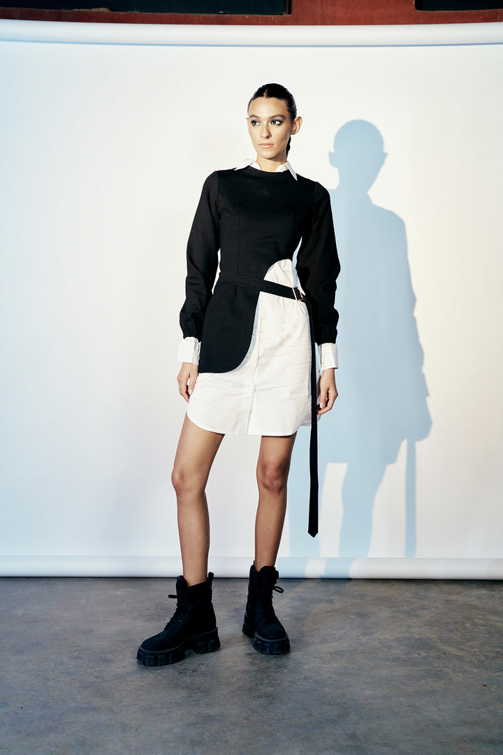 Black asymmetrical top with wrap around belt set