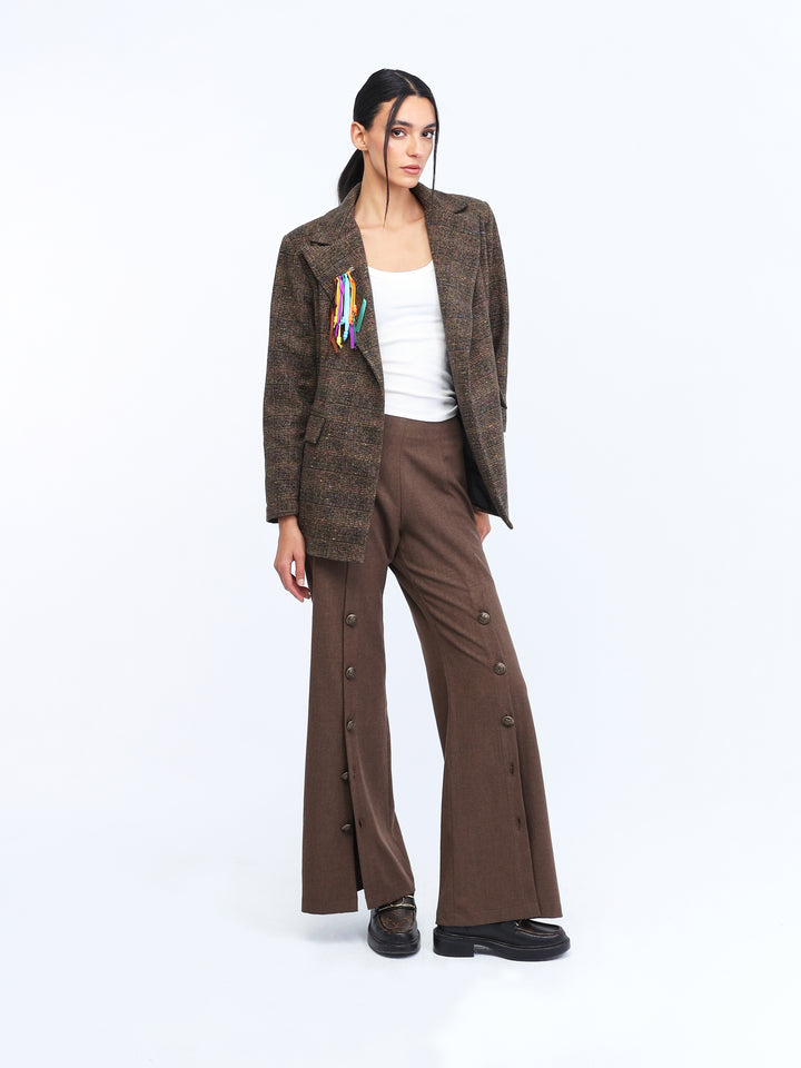 Brown checkered colored blazer/ brown buttoned pants
