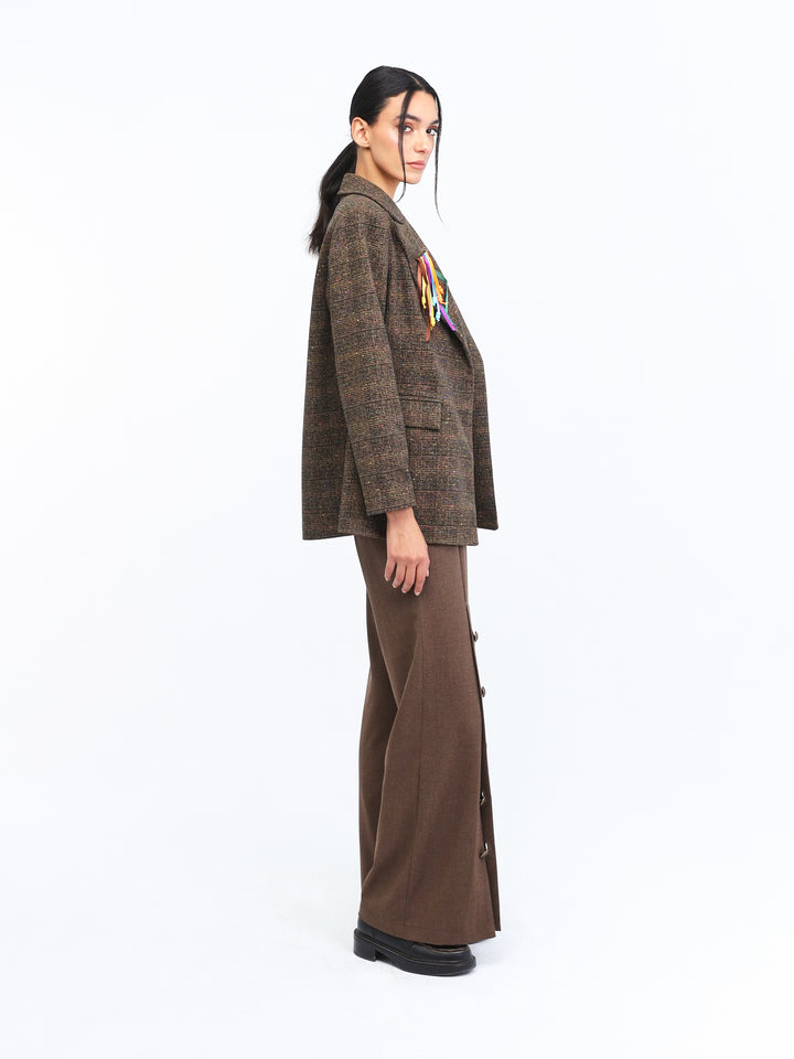 Brown checkered colored blazer/ brown buttoned pants