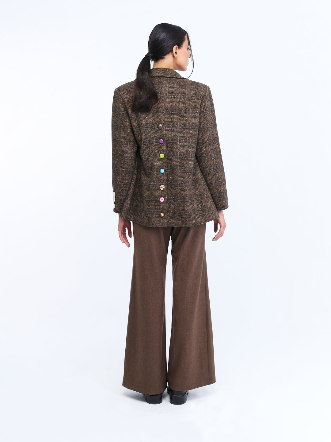 Brown checkered colored blazer/ brown buttoned pants