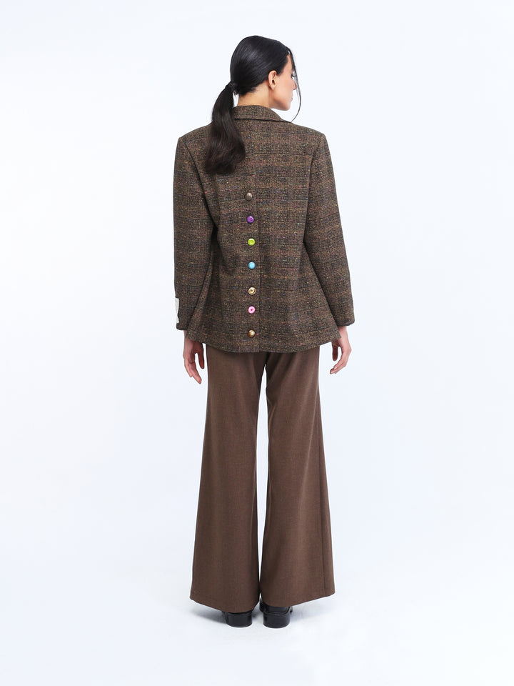 Brown checkered colored blazer/ brown buttoned pants
