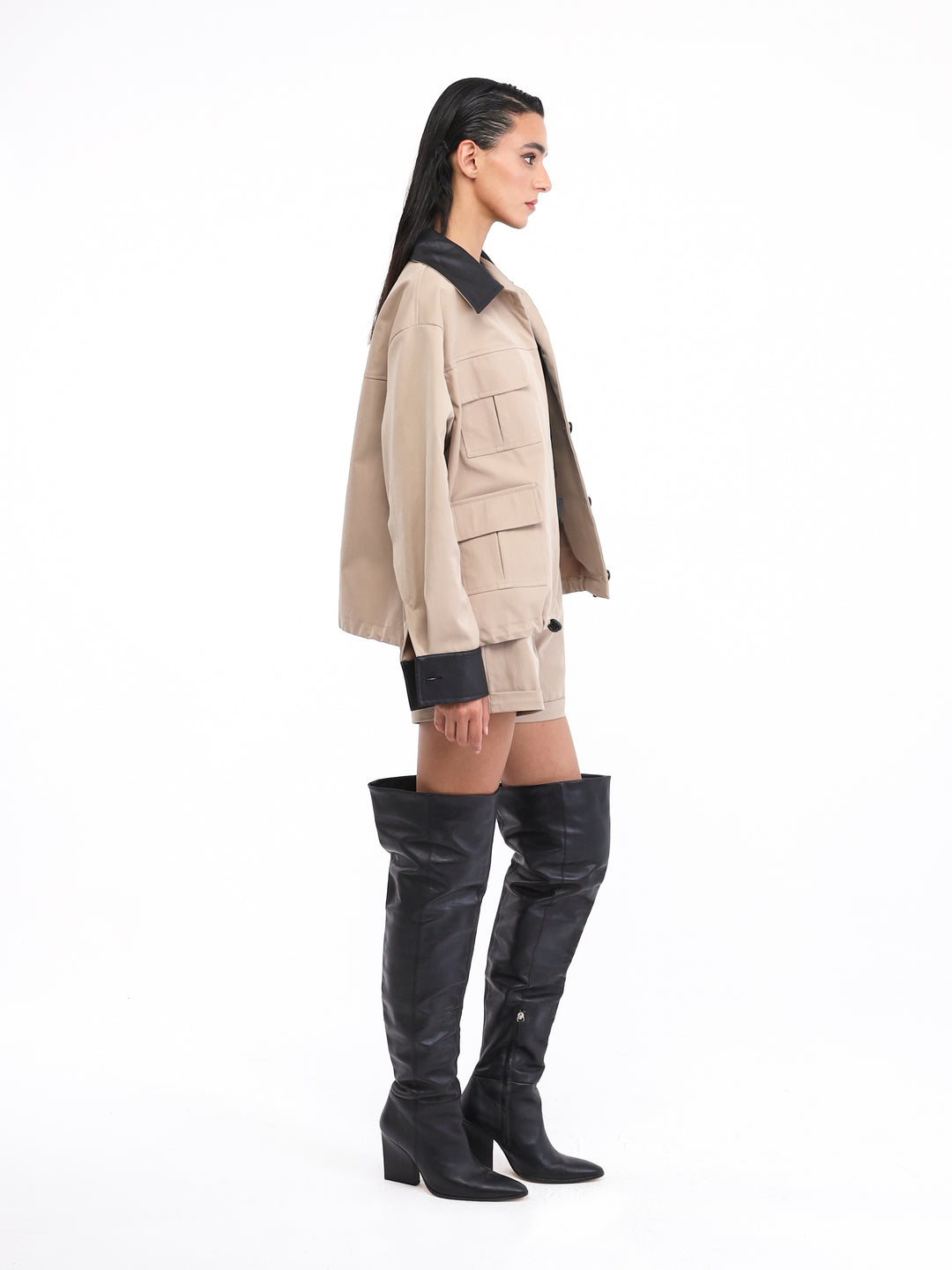 Beige shorts set with black leather outline