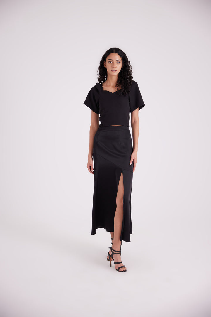 Black satin side slit skirt