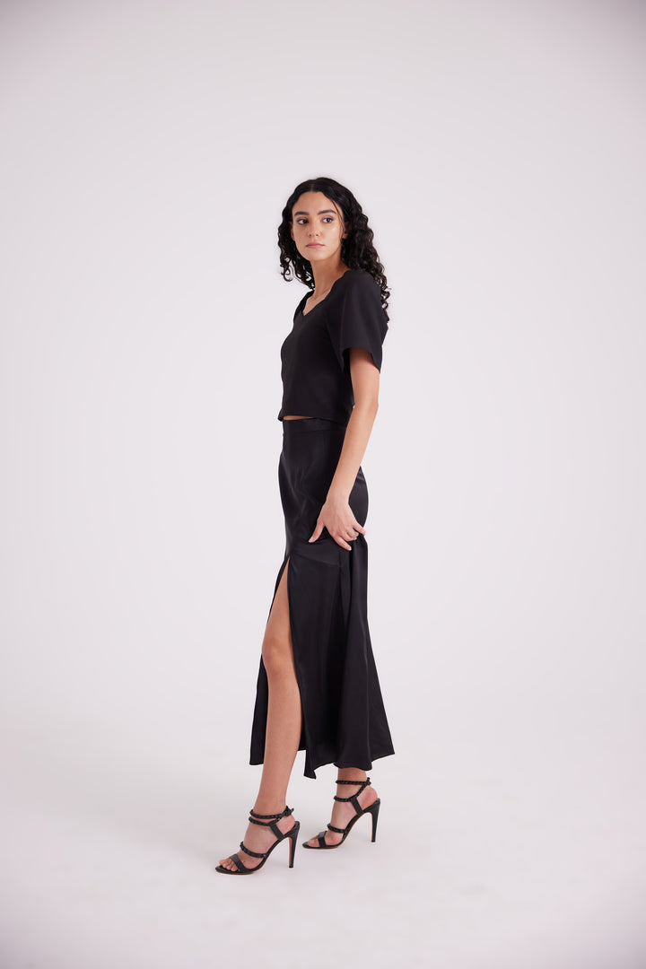 Black satin side slit skirt