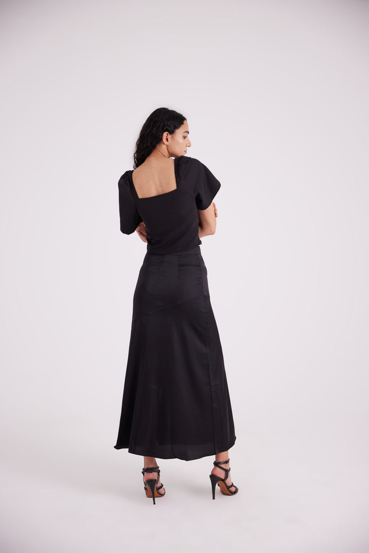 Black satin side slit skirt