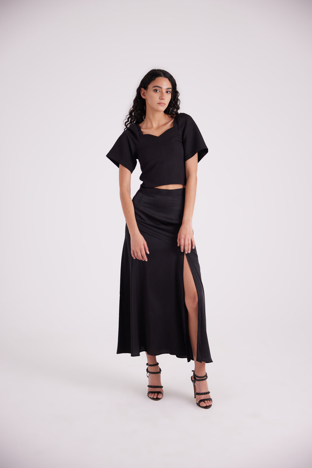 Black satin side slit skirt