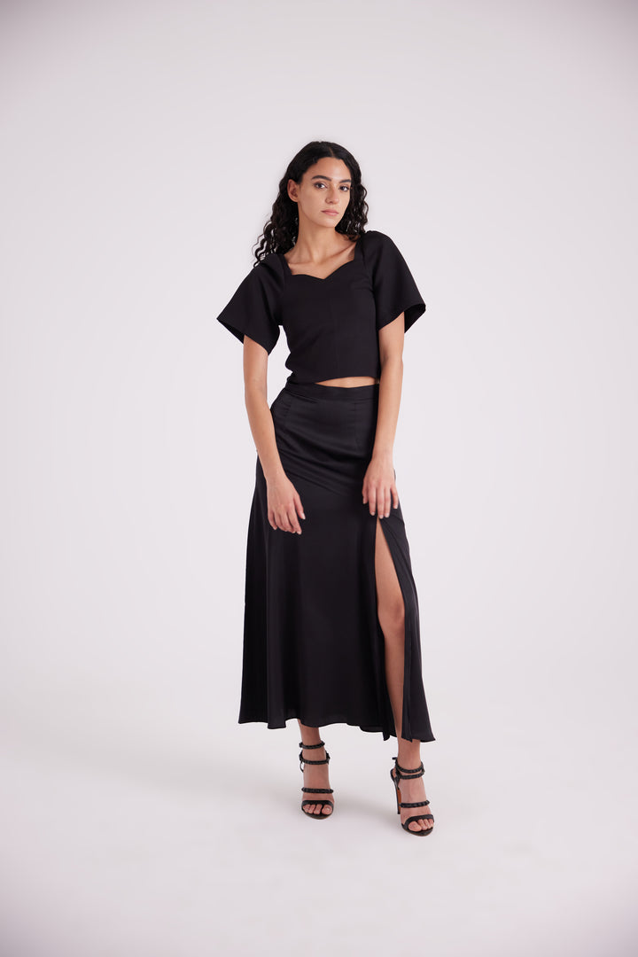Black satin side slit skirt