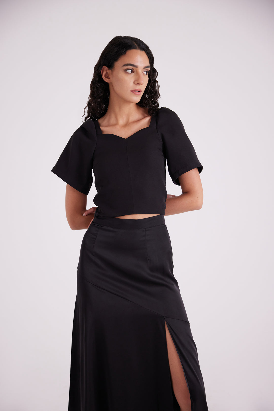 Black satin side slit skirt