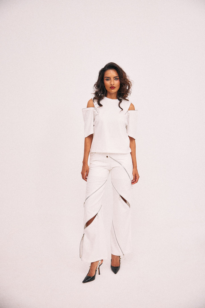 White zipper pants