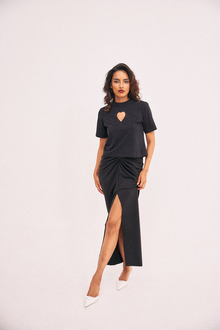 Black gathered skirt with front slit