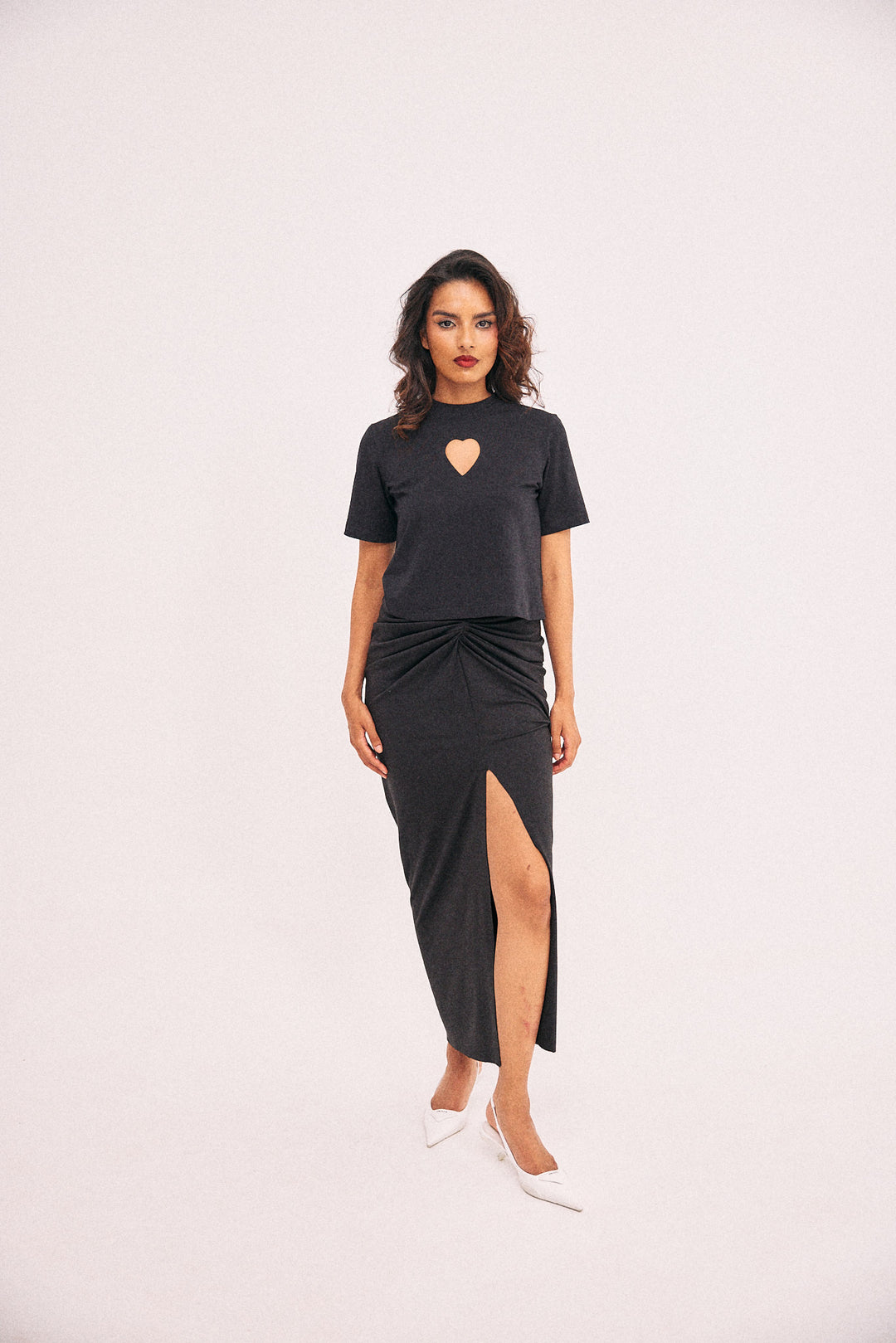 Black gathered skirt with front slit