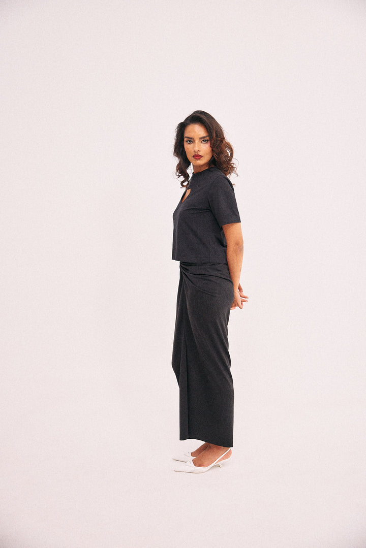 Black gathered skirt with front slit