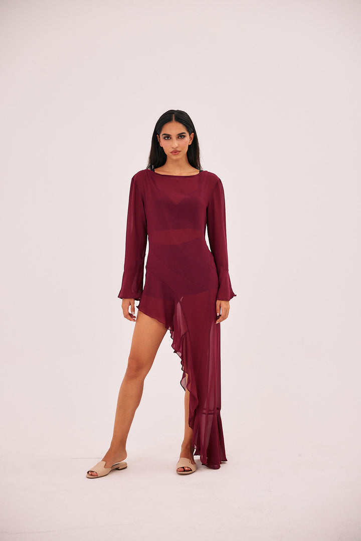 Sheer see through burgundy high low summer dress