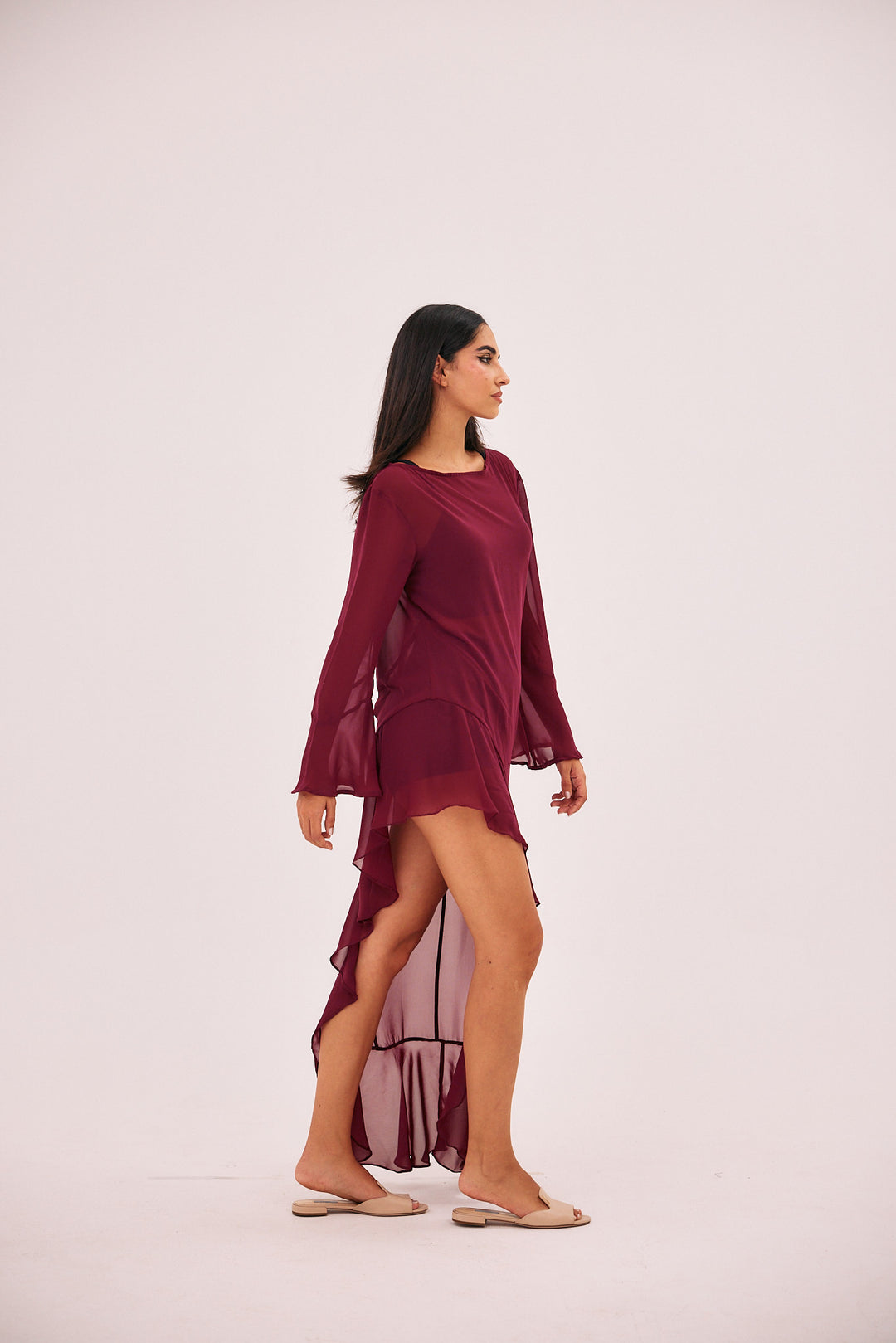 Sheer see through burgundy high low summer dress