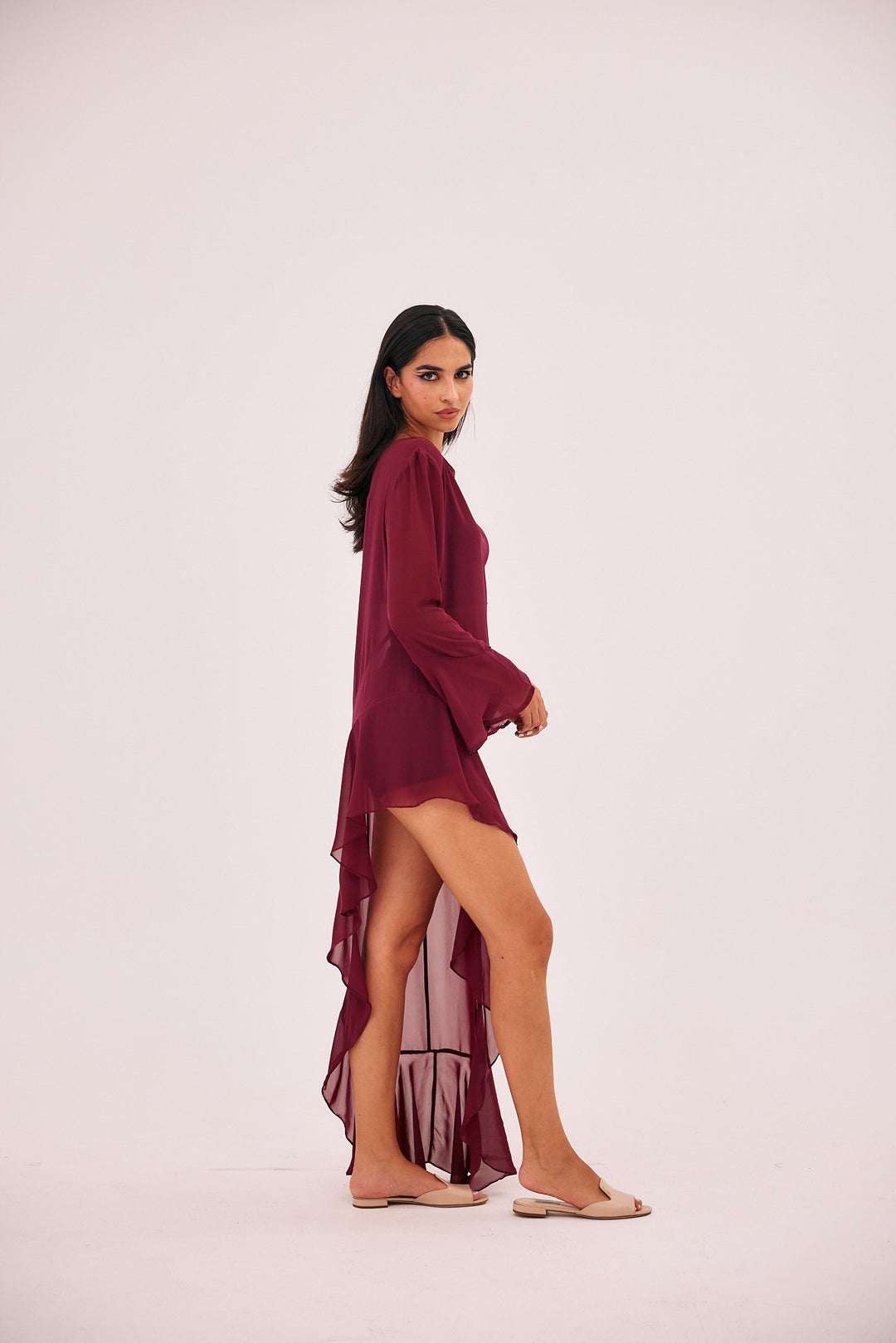 Sheer see through burgundy high low summer dress