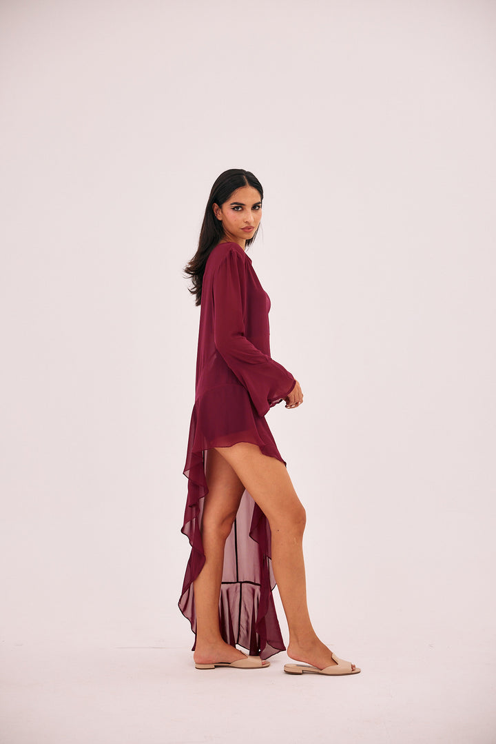 Sheer see through burgundy high low summer dress