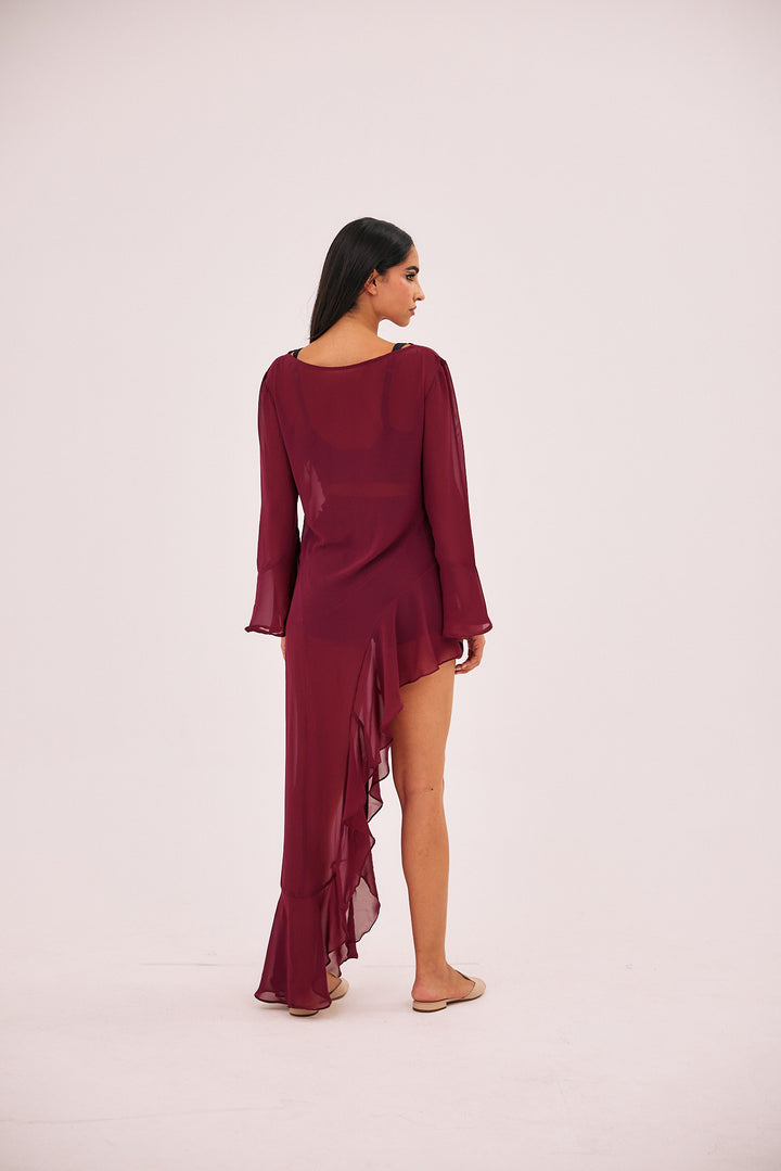 Sheer see through burgundy high low summer dress