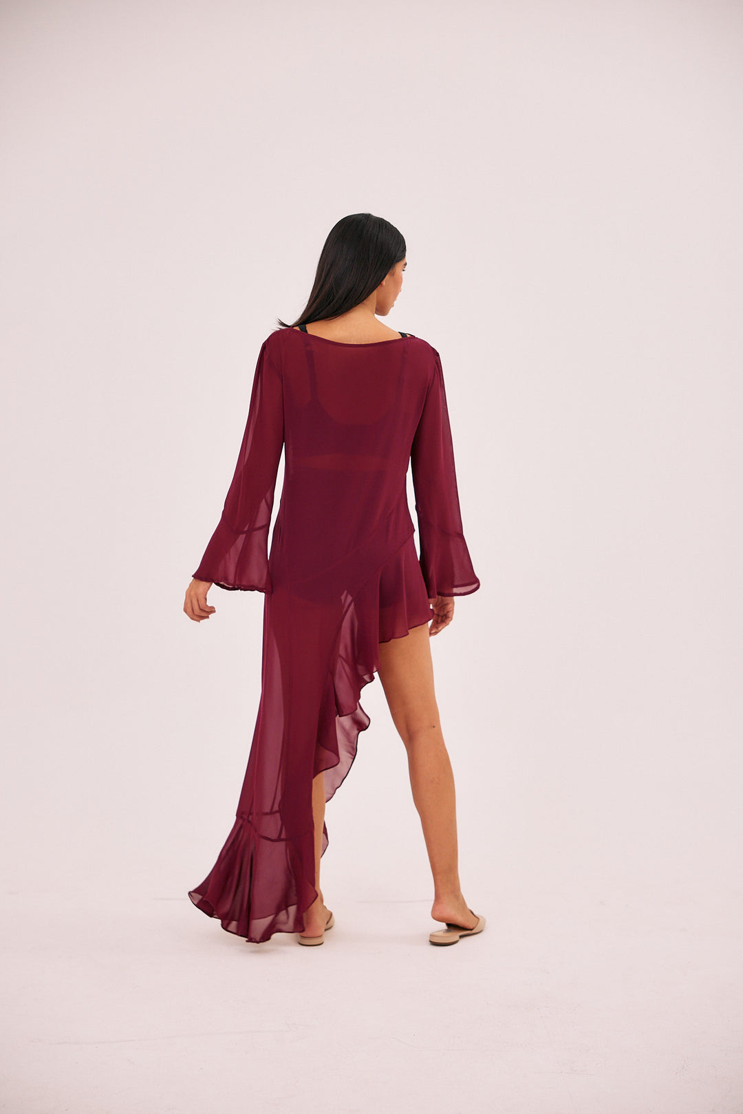 Sheer see through burgundy high low summer dress