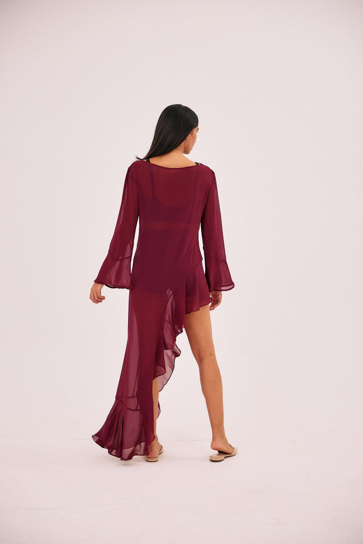 Sheer see through burgundy high low summer dress