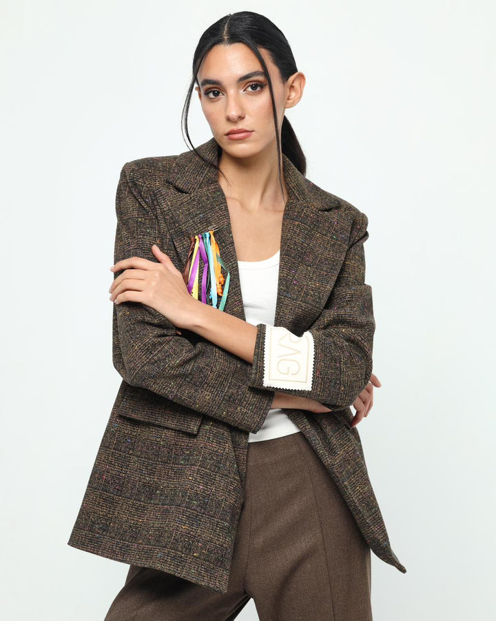 Brown checkered colored blazer/ brown buttoned pants